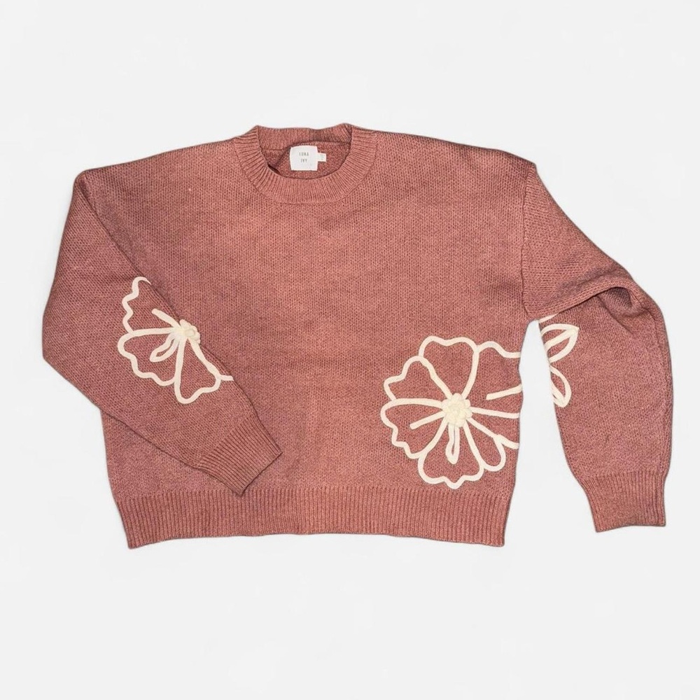 Elegant Women's Knit Sweater with Floral Design - Mauve